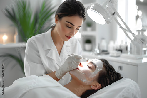 A professional esthetician in a white uniform carefully applying a facial mask to a serene client in a bright and modern spa, emphasizing relaxation and skincare expertise.
 photo