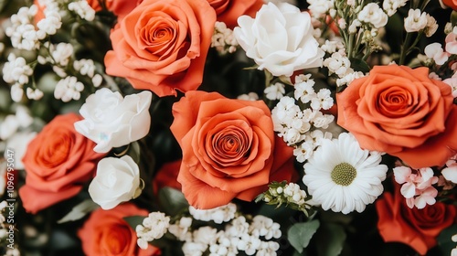 Close-up of vibrant coral roses and white flowers in a lush bouquet.