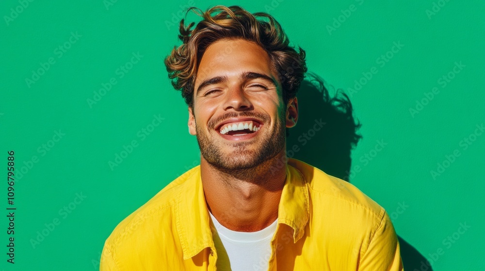 A man with a yellow shirt is smiling and laughing A man with a yellow shirt is smiling and laughing