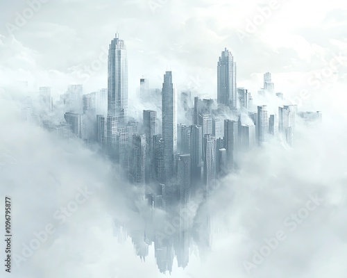 Urban fog city, misty skyscrapers emerging through layers of atmospheric haze photo