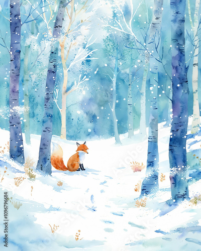 Cute Fox in Woods, picturesque winter scene, wildlife preservation, festive print, nature-inspired theme, soothing atmosphere, New Year and Christmas theme