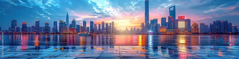 Urban Skyline at Sunset with Reflections in Water Urban Skyline at Sunset with Reflections in Water