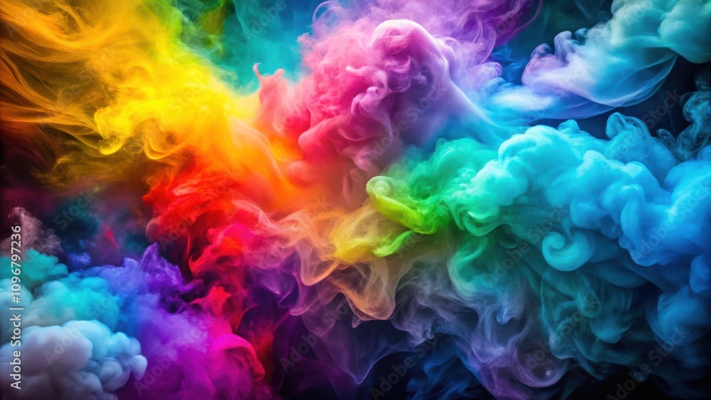 Obraz premium A vibrant and ethereal abstract of colorful smoke swirling and merging, creating a kaleidoscope of hues against a deep black background.