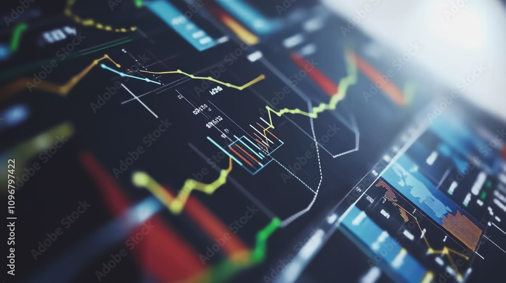 Abstract black background with Colorful charts and graphs with statistics to innovative analyze business potential and forecast future development of companies growth. Abstract black background with Colorful charts and graphs with statistics to innovative analyze business potential and forecast future development of companies growth.