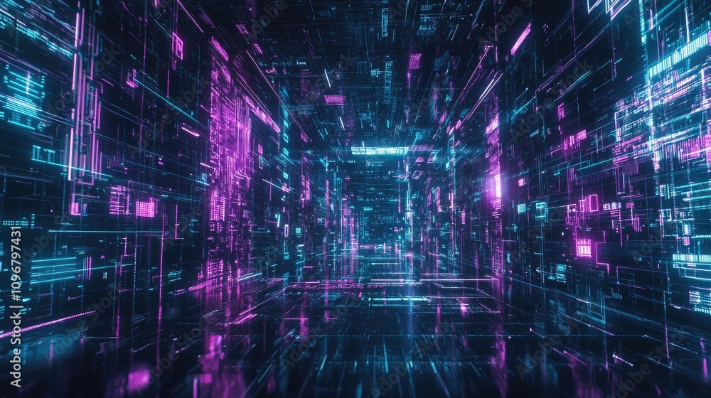 Fototapeta premium futuristic login screen, virtual space, digital grid, glowing lines, neon blue and purple lights, abstract background, loading bar, holographic interface,