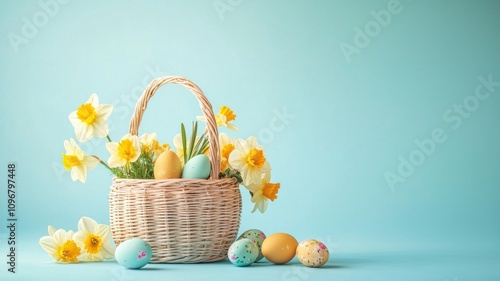 Wicker Basket with Eggs and Daffodils