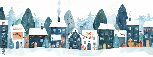 Bright Watercolor Village with Christmas Trees, holiday celebration, greeting card, festive poster, winter wallpaper in Blue colors
