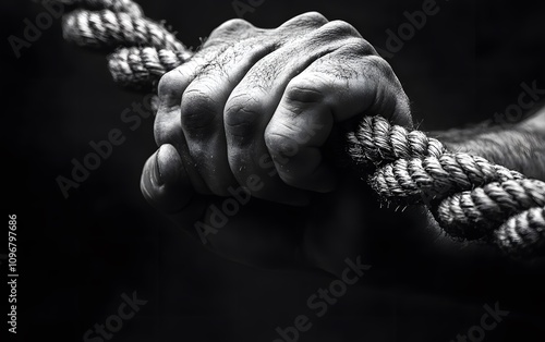 Close-up of a strong man's hand holding a rope, black and white photography, high contrast, 