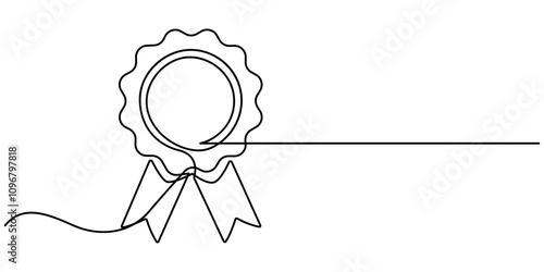 Award badge continuous one line drawing. Isolated on white background vector illustration. Pro vector, Continuous one line shape award isolated vector illustration. Award Ribbon Continuous Line Icon 