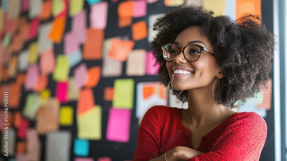 Cheerful Female Employee Smiling While Planning in a Bright Office Space with Colorful Sticky Notes on a Black Wall Cheerful Female Employee Smiling While Planning in a Bright Office Space with Colorful Sticky Notes on a Black Wall
