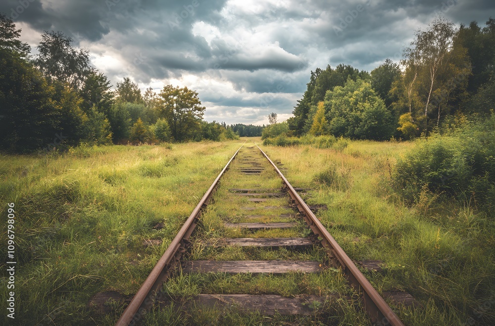 Obraz premium Old abandoned railway tracks in the middle of an open field, in the style of a vintage photo.