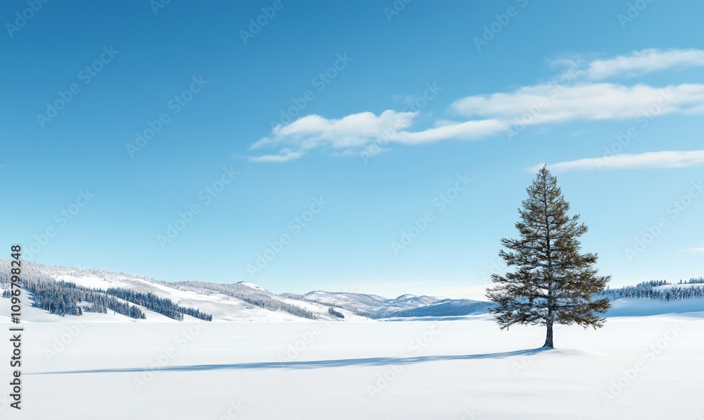 A solitary tree stands in a snowy landscape under a clear blue sky. A solitary tree stands in a snowy landscape under a clear blue sky.