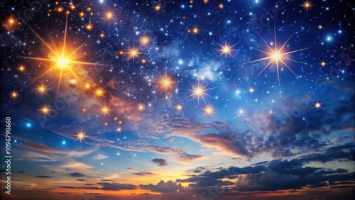 A mesmerizing twilight sky adorned with a tapestry of twinkling stars, casting a gentle glow upon a sea of vibrant clouds