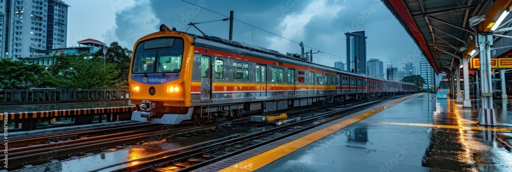 Obraz premium Train Arriving at a Wet Station