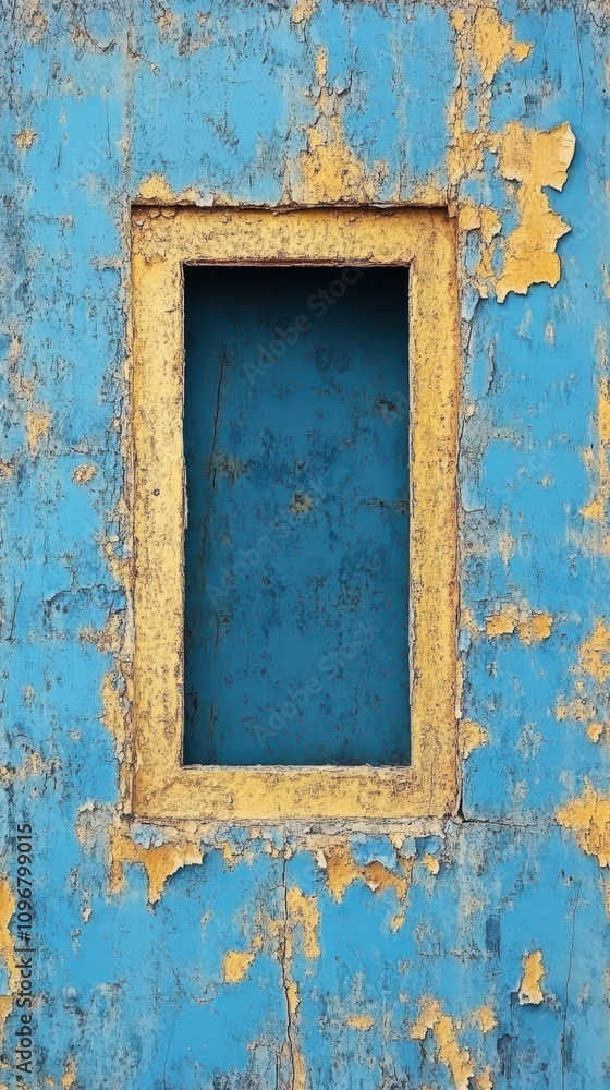 An artistic view of a weathered blue wall with a chipped yellow frame highlighting a rectangular void. An artistic view of a weathered blue wall with a chipped yellow frame highlighting a rectangular void.