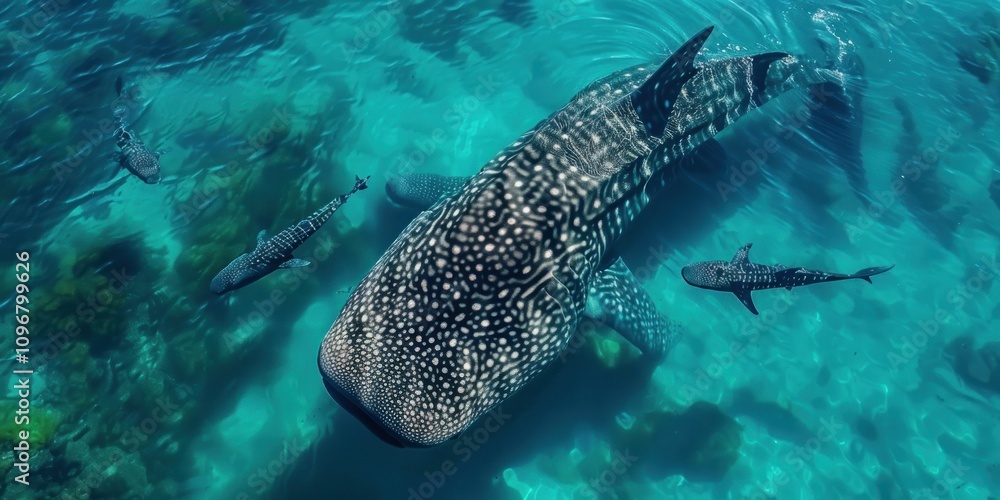 Fototapeta premium Whale Shark and Its Young Swimming in the Ocean