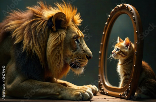 A lion and a kitten are focused on their reflections in a mirror, showcasing a moment of curiosity and connection