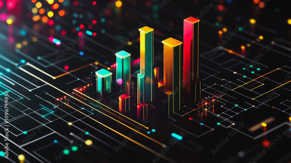 Obraz premium Abstract black background with Colorful charts and graphs with statistics to innovative analyze business potential and forecast future development of companies growth.