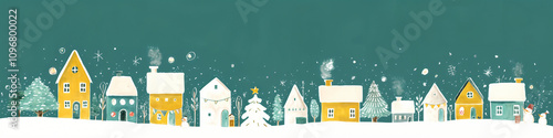 Snowy Watercolor Village with Christmas Trees, holiday celebration, greeting card, festive poster, winter wallpaper, Banner