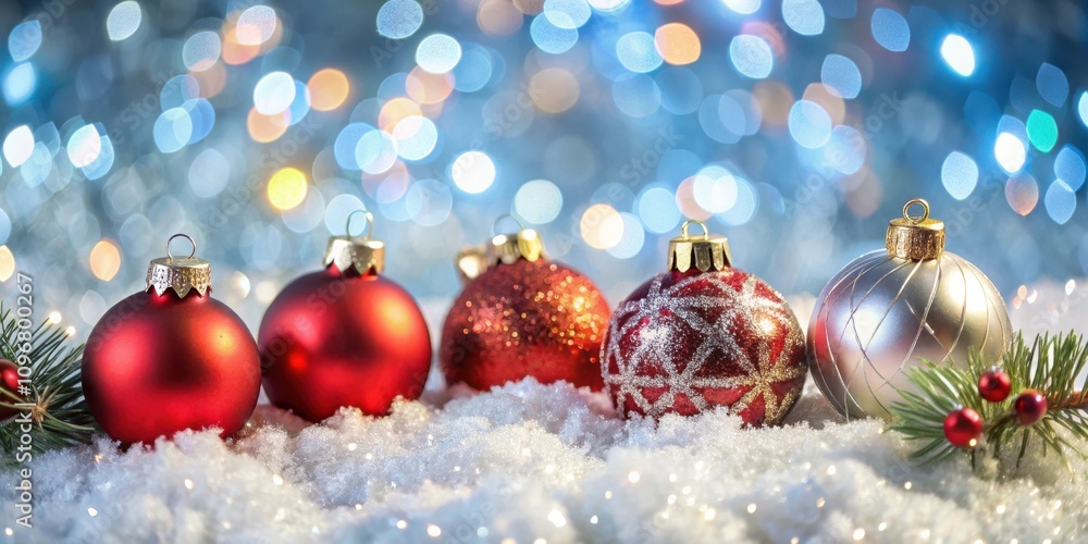 Sparkling Holiday Baubles Resting in a Bed of Snow with a Festive Blur of Lights in the Background Sparkling Holiday Baubles Resting in a Bed of Snow with a Festive Blur of Lights in the Background