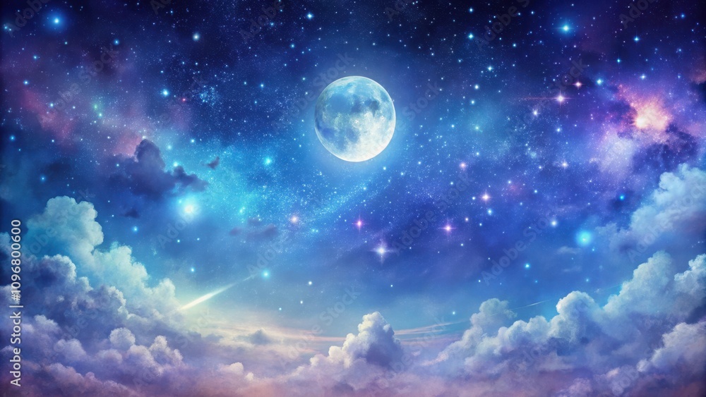 Celestial Canvas of Dreams A Night Sky Adorned with a Full Moon, Sparkling Stars, and Wispy Clouds Celestial Canvas of Dreams A Night Sky Adorned with a Full Moon, Sparkling Stars, and Wispy Clouds