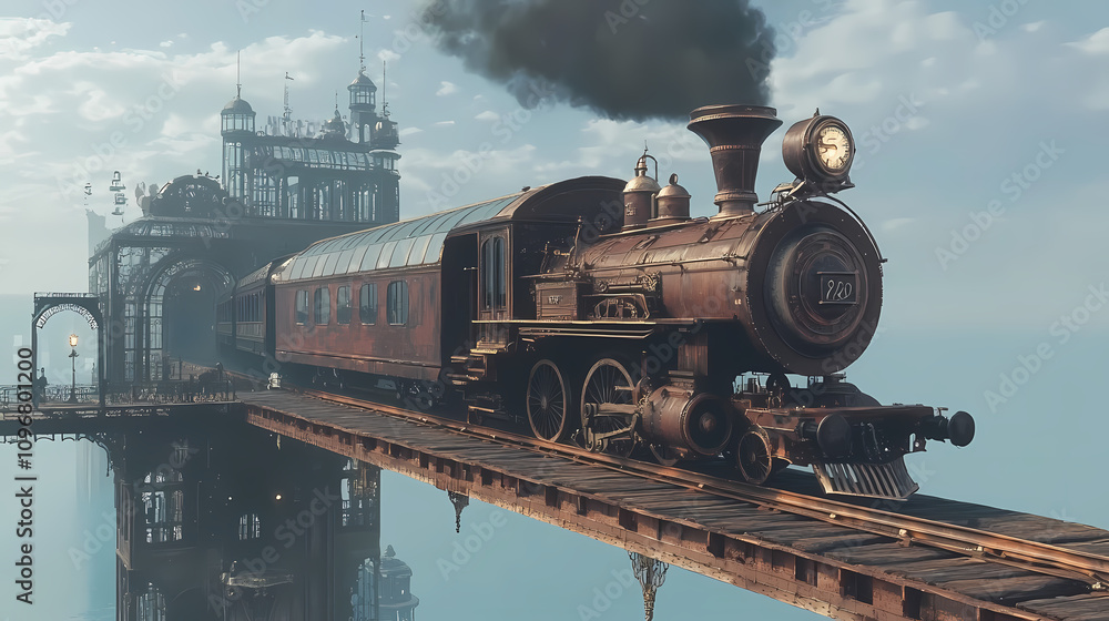 Fototapeta premium Steampunk train on a floating track. generative ai. Steampunk Train Station. Illustration