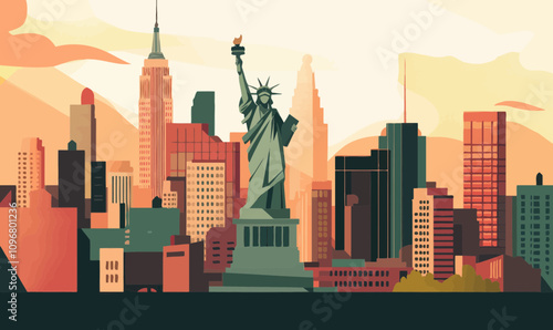 Iconic New York City Skyline with Statue of Liberty in 2D Cartoon Vector Style