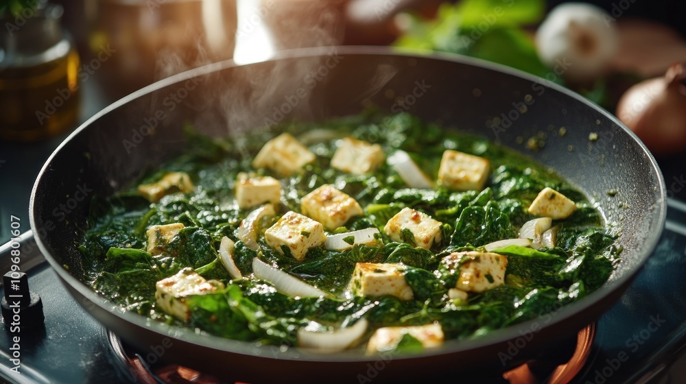 A skillet with steaming spinach and tofu cubes, showcasing a healthy cooking process. A skillet with steaming spinach and tofu cubes, showcasing a healthy cooking process.