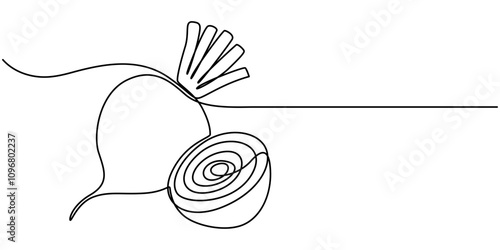 Vector continuous one single line drawing icon of beetroot with leaf in silhouette on a white background. Linear stylized. Beetroot in continuous line art drawing style. Garden beet black linear 