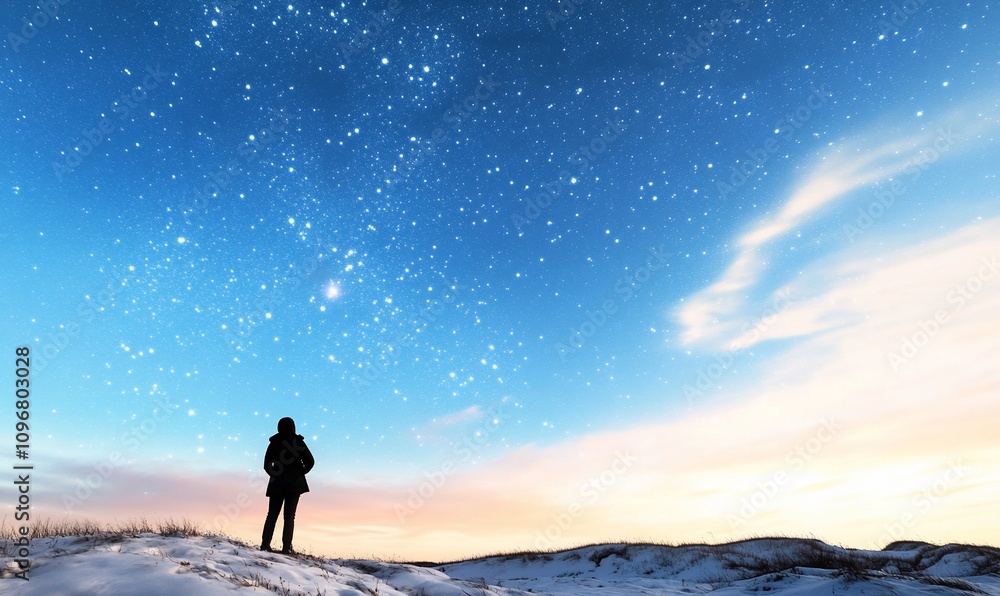 A person gazes at a starry night sky over a snowy landscape. A person gazes at a starry night sky over a snowy landscape.