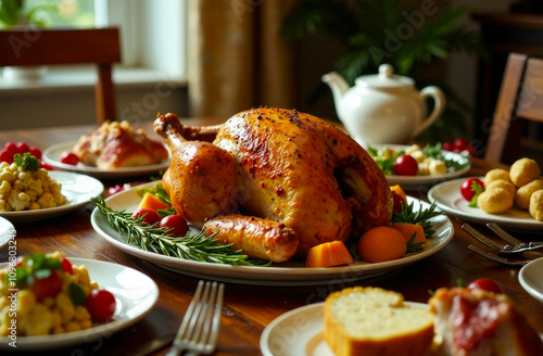 A beautifully roasted turkey is the centerpiece of a dining table filled with seasonal dishes and sides