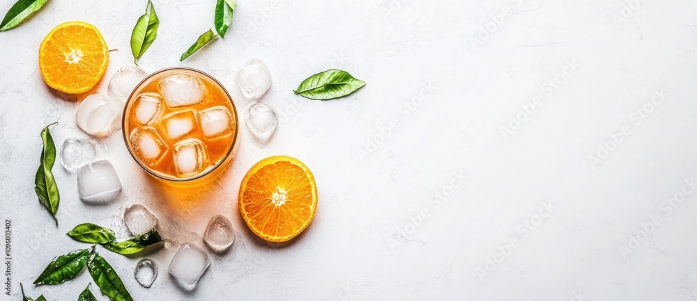 A refreshing orange drink with ice, garnished with orange slices and leaves. A refreshing orange drink with ice, garnished with orange slices and leaves.