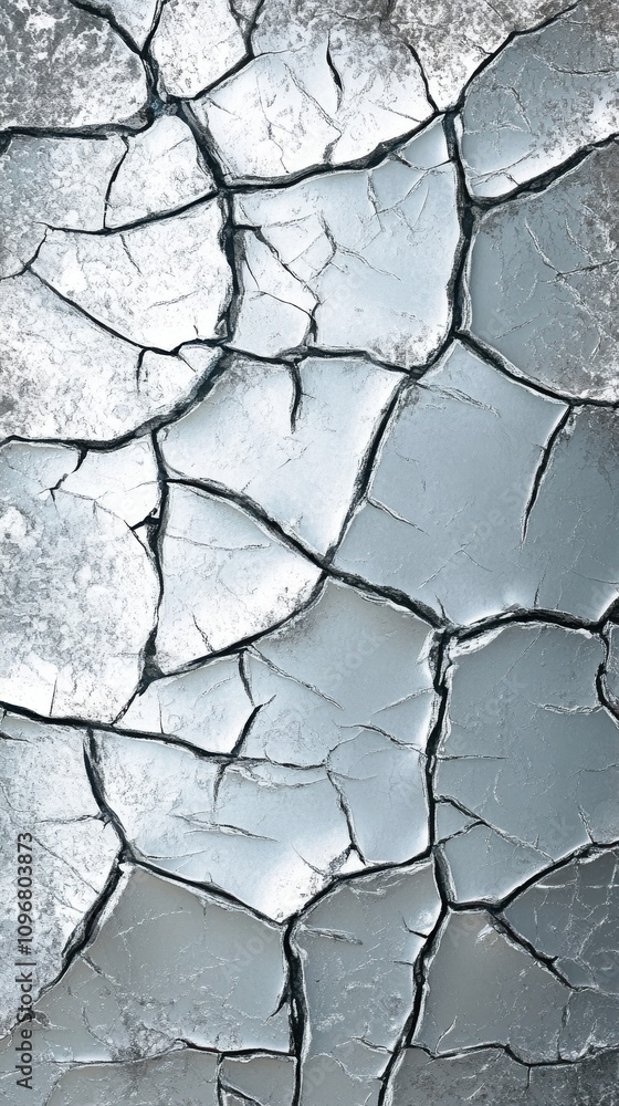 Obraz premium A close-up view of cracked ice with a shimmering, silver-blue hue, creating an abstract and textured pattern.