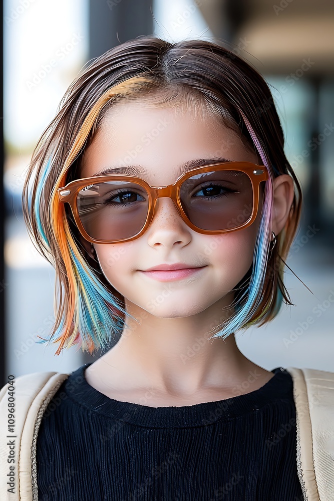 The young girl had a trendy short haircut with vibrant colored strands framing her face, paired with oversized sunglasses that added a cool, urban edge to her hipster style. The young girl had a trendy short haircut with vibrant colored strands framing her face, paired with oversized sunglasses that added a cool, urban edge to her hipster style.
