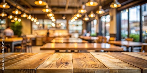 A wooden table in the foreground with a warm, inviting cafe interior blurred in the background, creating a cozy and inviting atmosphere.