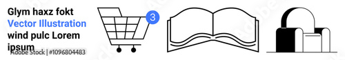 Shopping cart with number 3 notification, open book, and handbag symbols next to sample text with header. Ideal for e-commerce, bookstores, fashion, shopping, reading, libraries, educational content