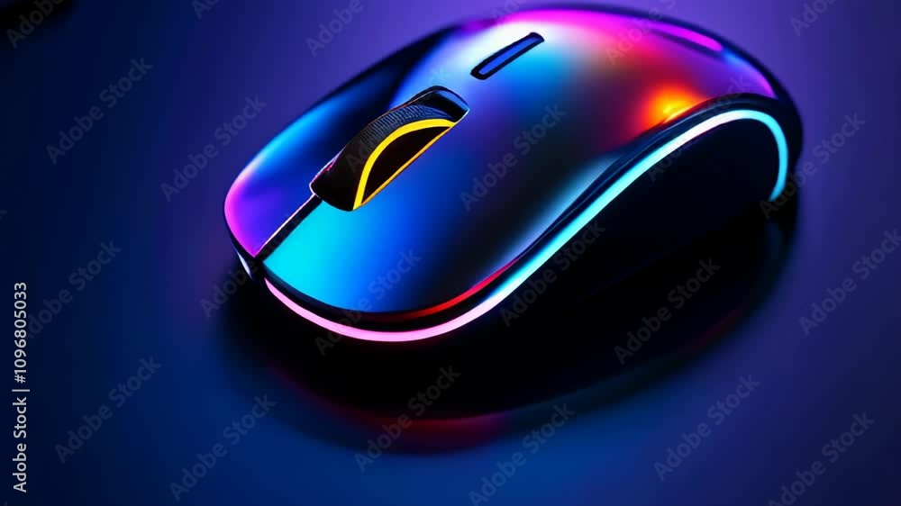 A sleek gaming mouse illuminated with vibrant neon colors, showcasing futuristic design and modern technology for gaming enthusiasts A sleek gaming mouse illuminated with vibrant neon colors, showcasing futuristic design and modern technology for gaming enthusiasts