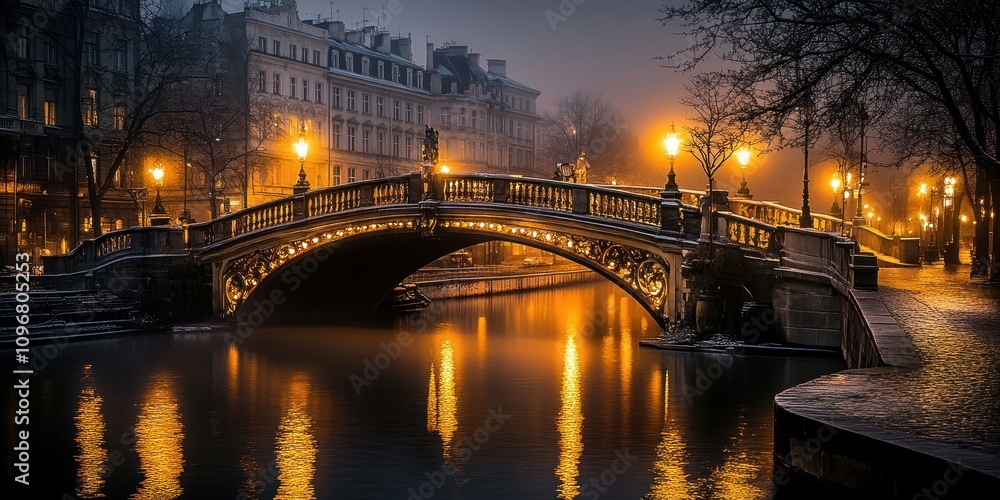A serene twilight scene of a bridge illuminated by street lamps over a calm waterway. A serene twilight scene of a bridge illuminated by street lamps over a calm waterway.