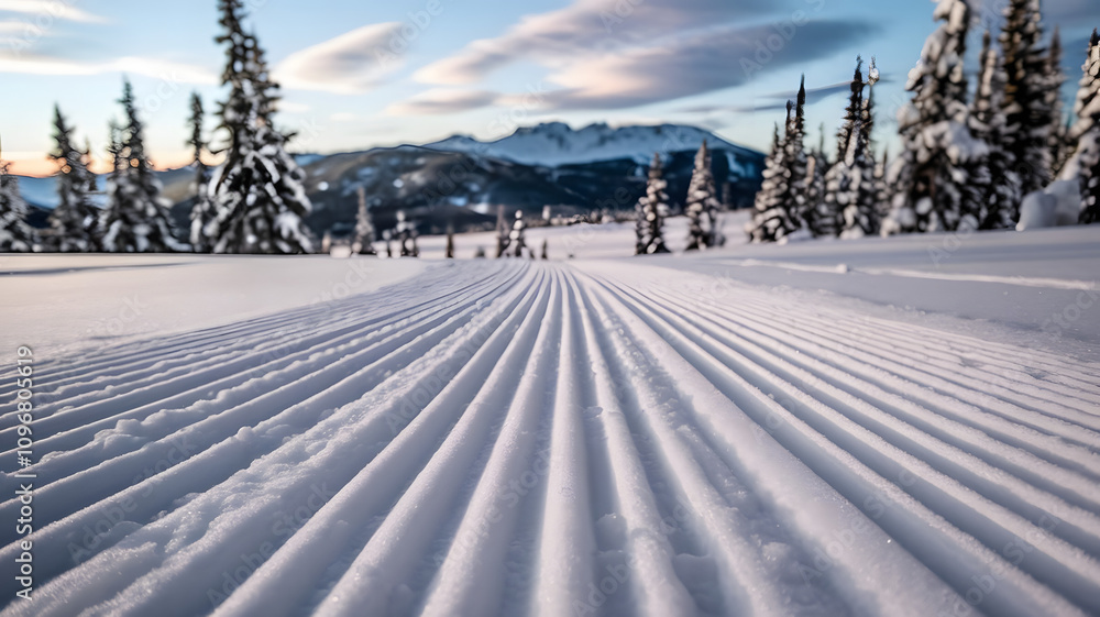 A close-up of ski tracks on freshly fallen snow A close-up of ski tracks on freshly fallen snow