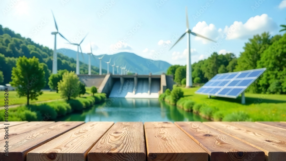 Power station with wind turbines and solar panels against a natural landscape with a river and green hills. Symbolizes sustainable development, clean energy and renewable energy sources. Power station with wind turbines and solar panels against a natural landscape with a river and green hills. Symbolizes sustainable development, clean energy and renewable energy sources.
