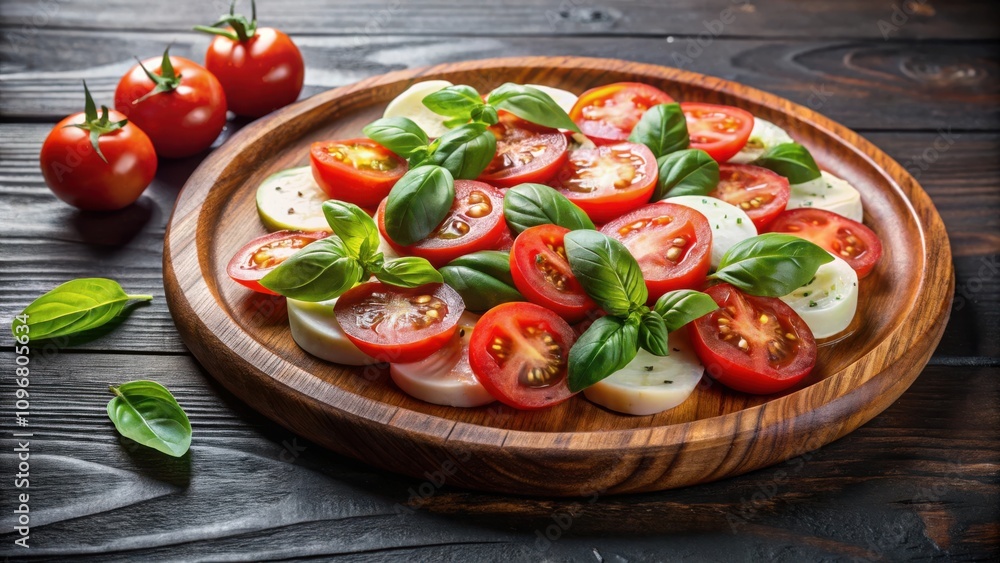 A Fresh and Vibrant Caprese Salad on a Wooden Plate, with Sliced Tomatoes, Mozzarella, and Basil Leaves A Fresh and Vibrant Caprese Salad on a Wooden Plate, with Sliced Tomatoes, Mozzarella, and Basil Leaves