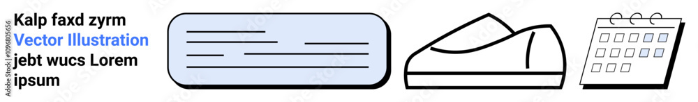 Three minimalist icons text box, shoe, calendar. Ideal for web design, app development, user interface, planning, organizing, fashion, modern graphics Landing page Three minimalist icons text box, shoe, calendar. Ideal for web design, app development, user interface, planning, organizing, fashion, modern graphics Landing page