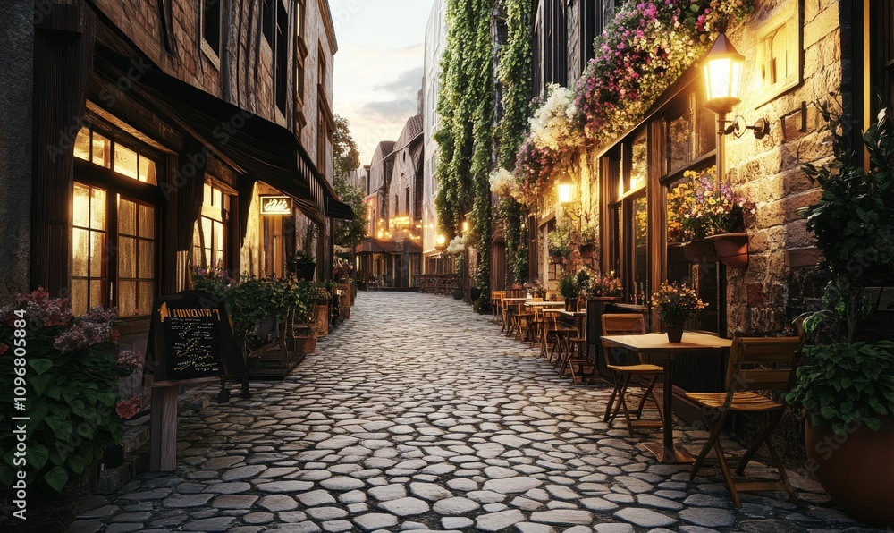 Fototapeta premium Cobblestone street, charming shops, evening ambiance.