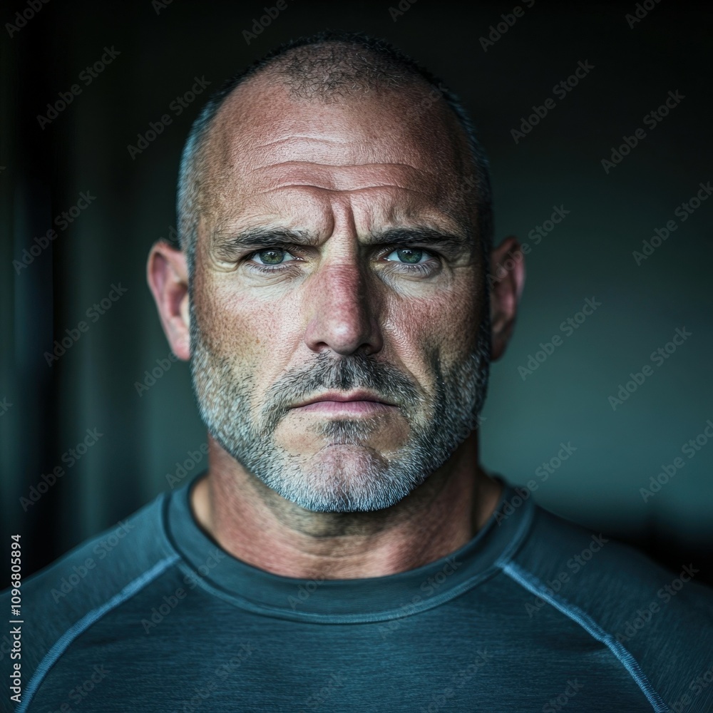 fit white man stares into the camera in a bootcamp location as though he is a drill instructo fit white man stares into the camera in a bootcamp location as though he is a drill instructo