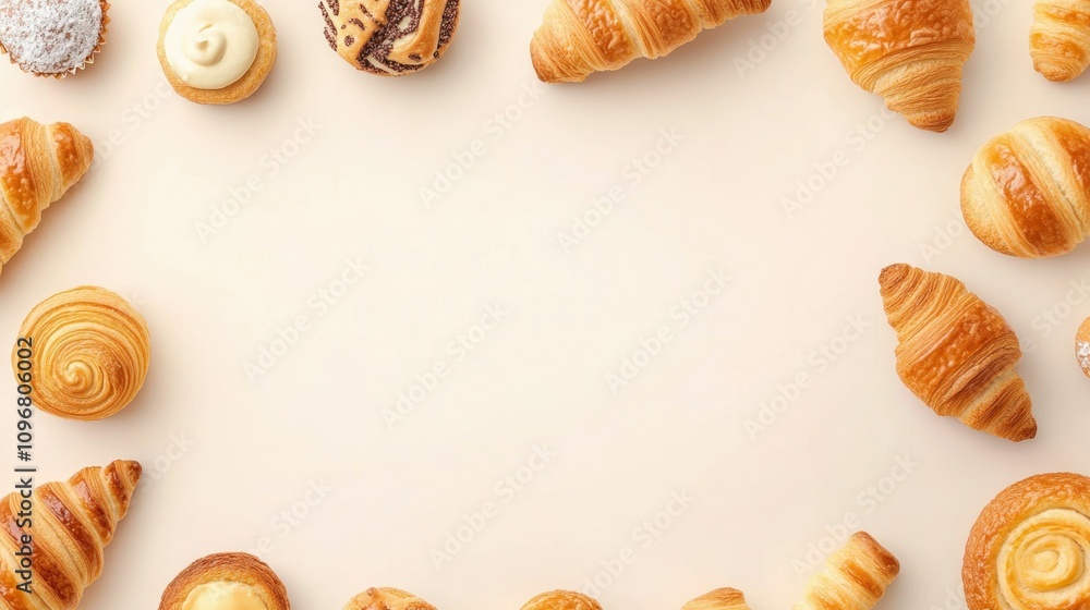 Top-down view of fresh pastries including croissants, muffins, and danishes arranged symmetrically on a soft pastel background. Top-down view of fresh pastries including croissants, muffins, and danishes arranged symmetrically on a soft pastel background.