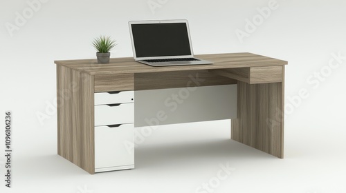 A modern wooden desk with a laptop and a small plant, ideal for work or study.