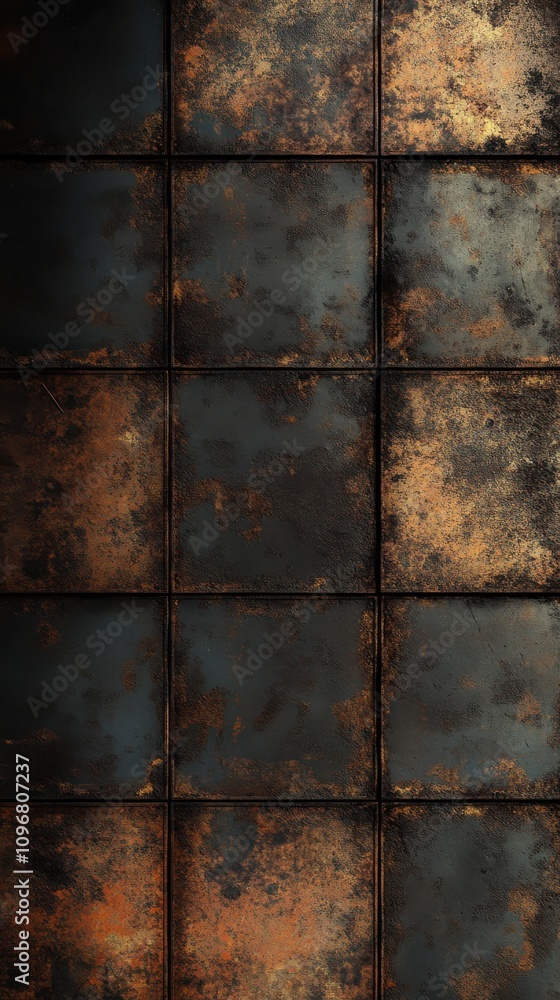 A textured wall featuring dark blue and rusty brown tiles, creating an industrial and aged appearance. A textured wall featuring dark blue and rusty brown tiles, creating an industrial and aged appearance.