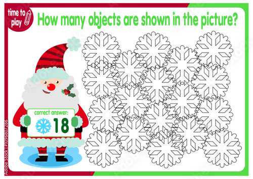 Count how many objects are hidden in the picture. Educational game for children. Colorful cartoon characters. Funny vector illustration. New Year. Christmas	
