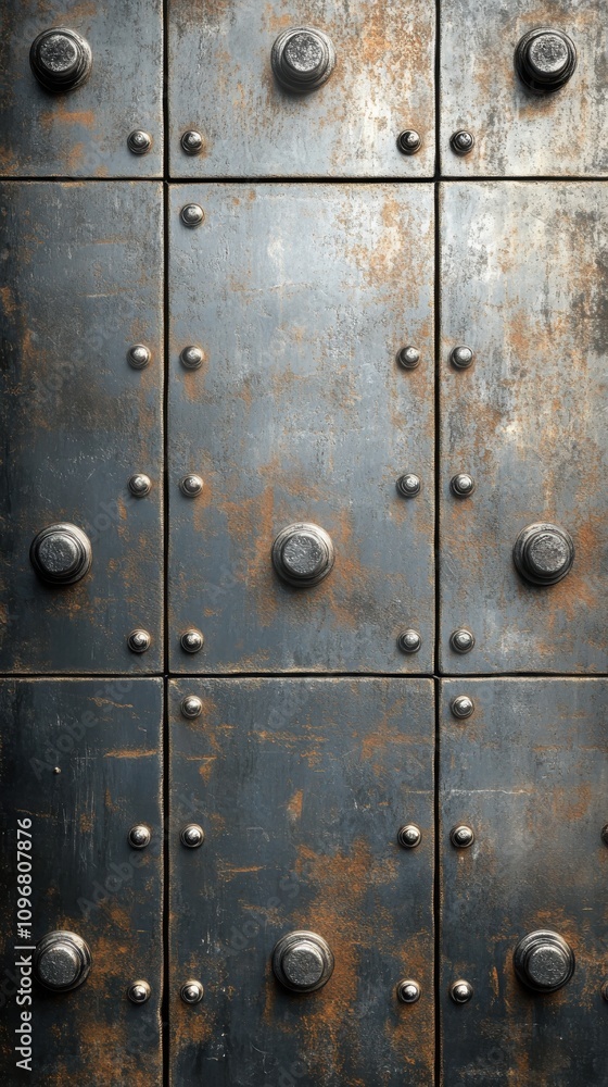 Fototapeta premium A close-up of an aged, industrial-style metal door with round handles and a weathered texture.
