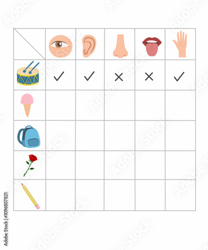 Five senses worksheet for kids, mark five senses would use for each object, five senses activity printable 